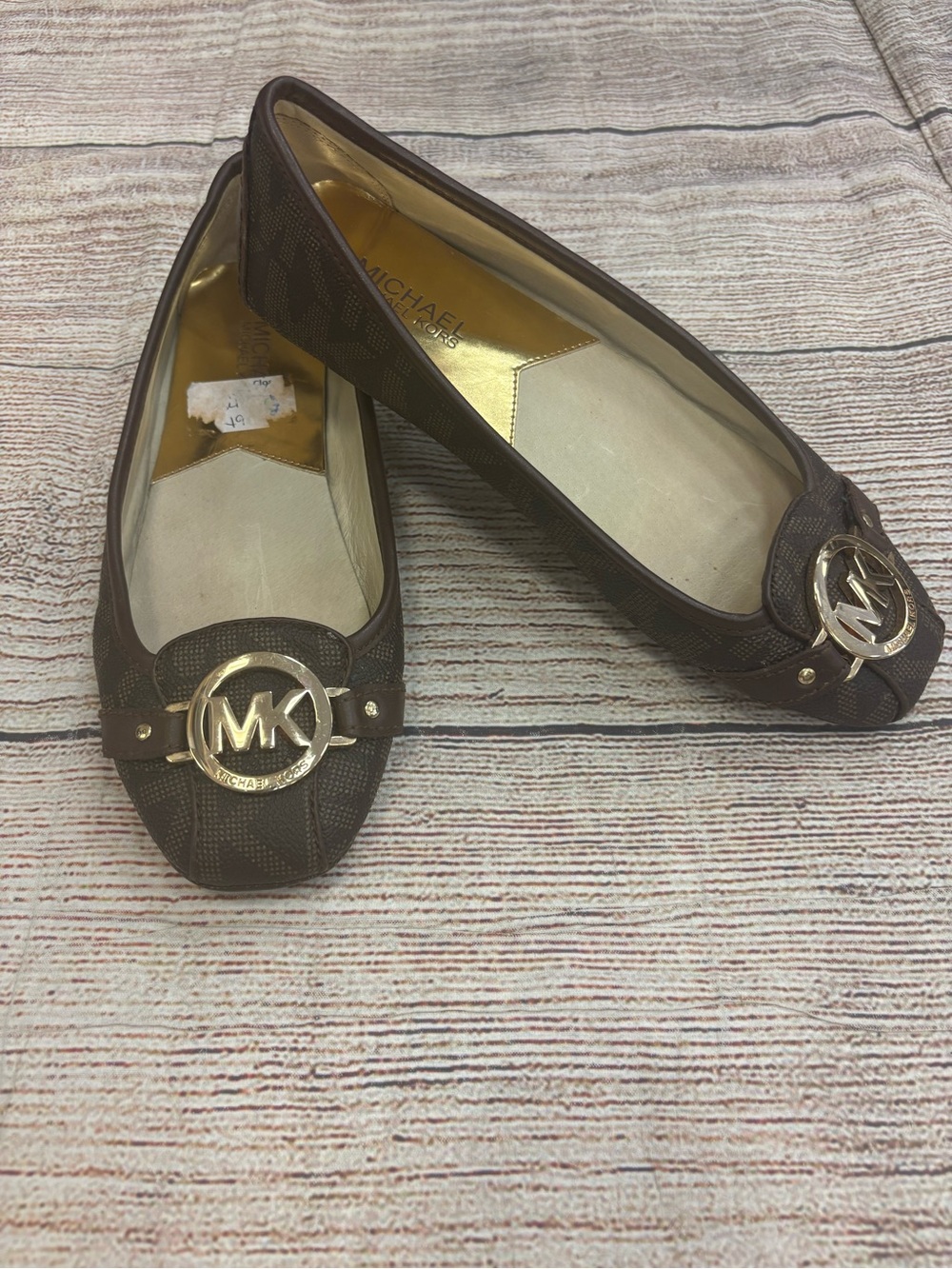 😍 Michael Kors Dark Brown Logo MK Ballet Flats with Gold Emblem